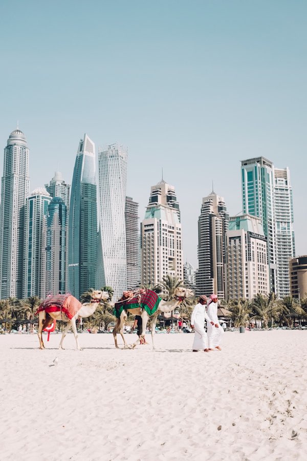 Dubai Marina towers seen from the beach at JBR